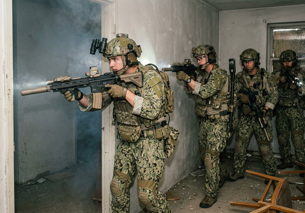 Airsoft team stack at door for CQB room entry with grenade deployment