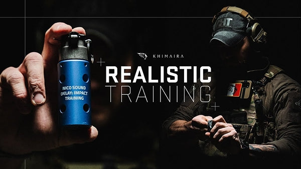 A hand holds a blue cylindrical training device labeled 'KIMAIRA NICO SOUND DELAY IMPACT TRAINING' against a dark tactical scene with a person in gear and large text reading 'REALISTIC TRAINING'.